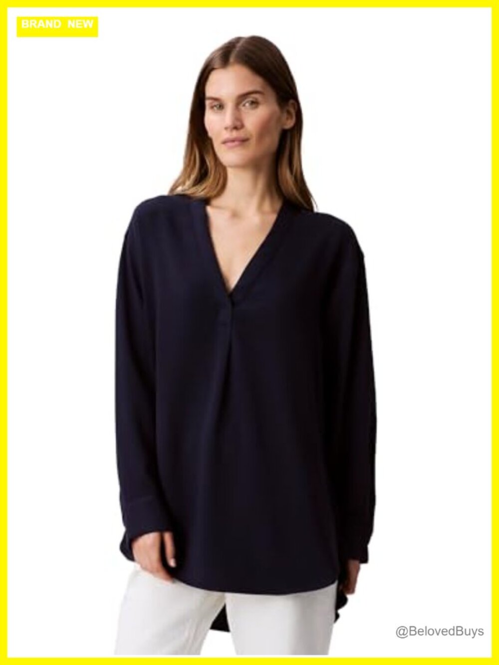 Relaxed Fit V-Neck Button Down Blouse with Chest Pockets Long Sleeve